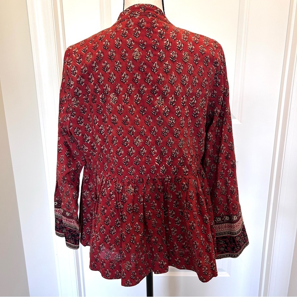 Anohki Red Peplum Tie Front Cotton Blouse with Tassels SZ M - Picture 2 of 6